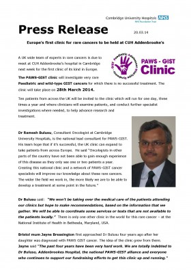 Press Release 20th March 2014 - "Europe’s first clinic for rare cancers to be held at CUH Addenbrooke’s"